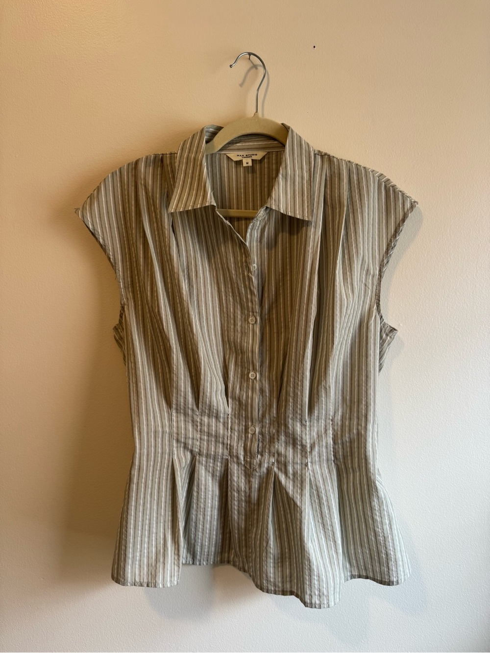 Max Studio Beige and Gray Striped Cap-Sleeve Blouse